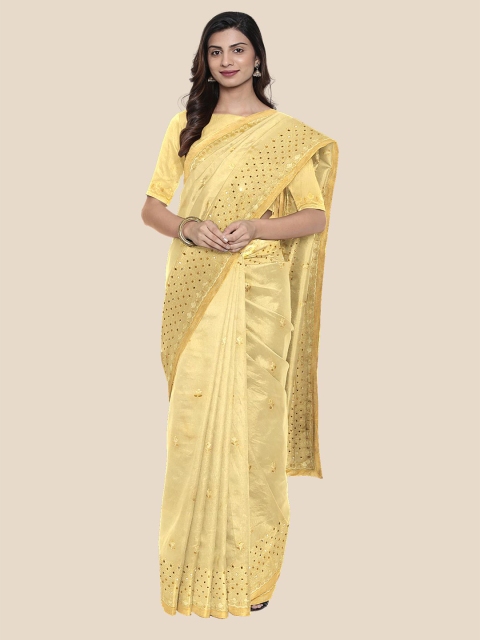 

KLM Fashion Mall Cream Floral Embroidered Mirror Work Saree