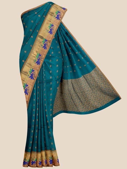 

Kalamandir Teal & Gold-Toned Woven Design Silk Blend Venkatgiri Saree