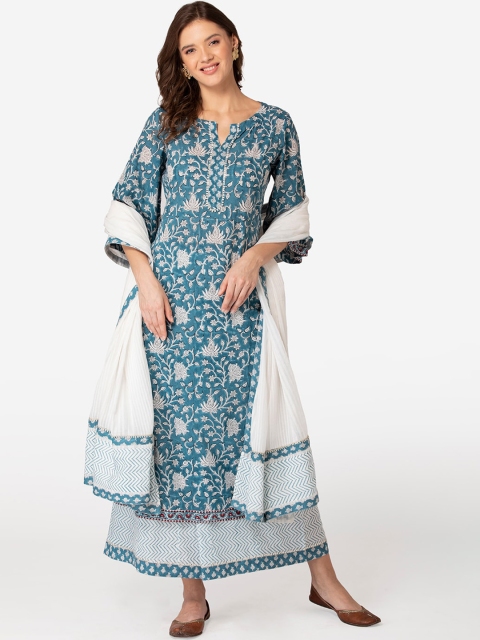 

TARA-C-TARA Women Blue Floral Printed Pure Cotton Kurta with Palazzos & With Dupatta