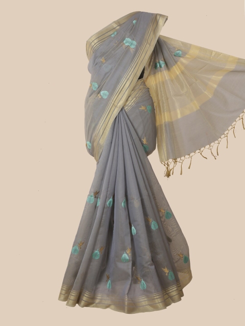 

Pothys Grey & Turquoise Blue Floral Embroidered Saree