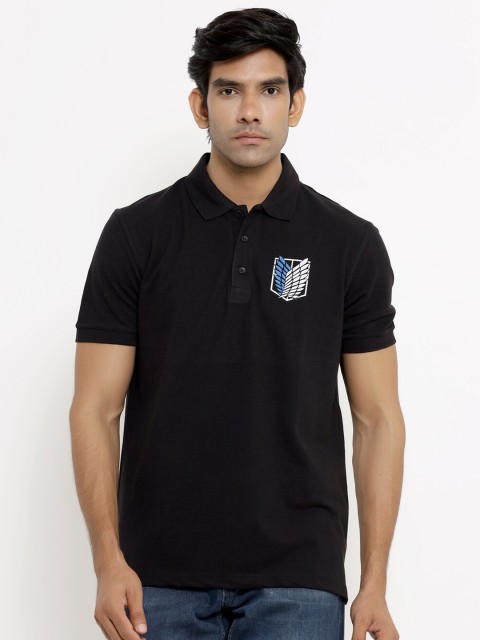 

ComicSense xyz Men Black Polo Collar Applique T-shirt
