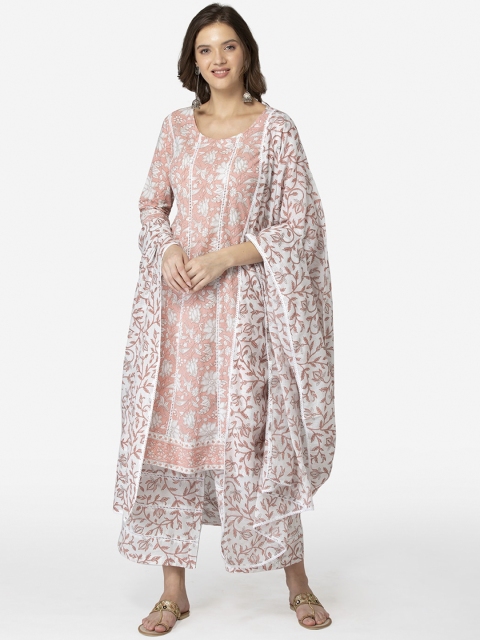 

TARA-C-TARA Women Pink & White Pure Cotton Straight Kurta & Palazzos With Dupatta