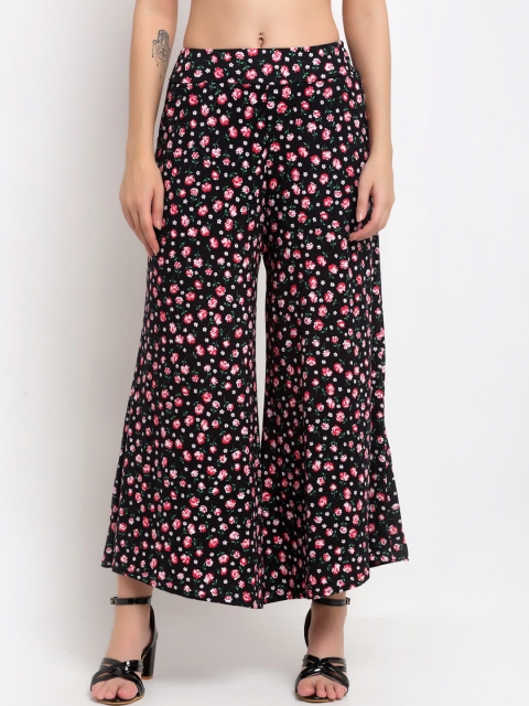 

NEUDIS Women Black & Pink Floral Printed Flared Knitted Palazzos
