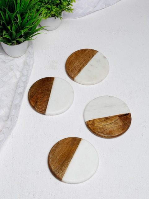 

Fabindia Set Of 4 Brown & White Printed Wood & Marble Coasters