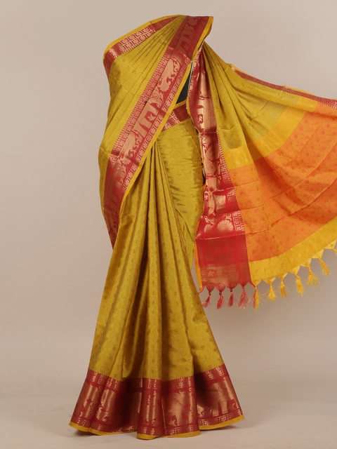 

Pothys Mustard Brown & Red Ethnic Motifs Cotton Blend Saree