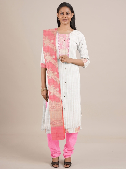 

Pothys Off White & Pink Unstitched Dress Material