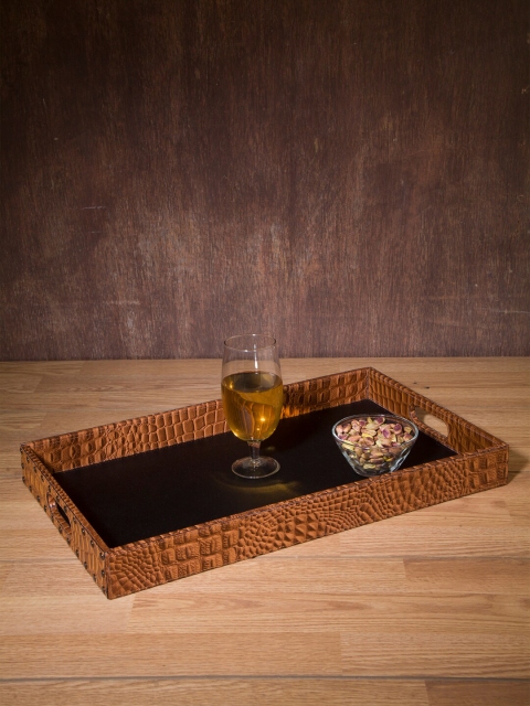 

IMUR Brown & Black Textured Rectangular Leather Tray