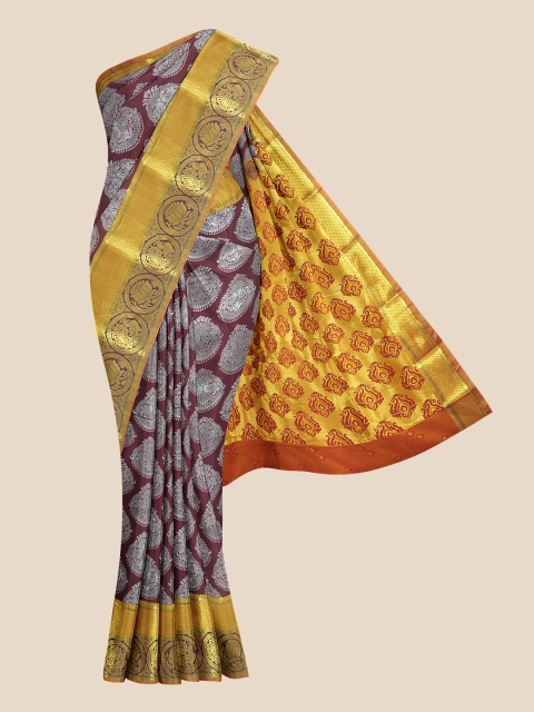 

Kalamandir Maroon & Golden Ethnic Motifs Zari Silk Blend Kanjeevaram Saree