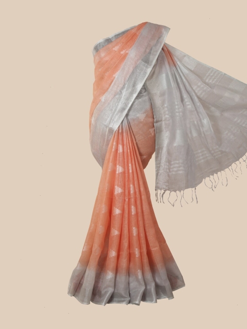 

Pothys Orange & Grey Ethnic Motifs Zari Linen Blend Saree