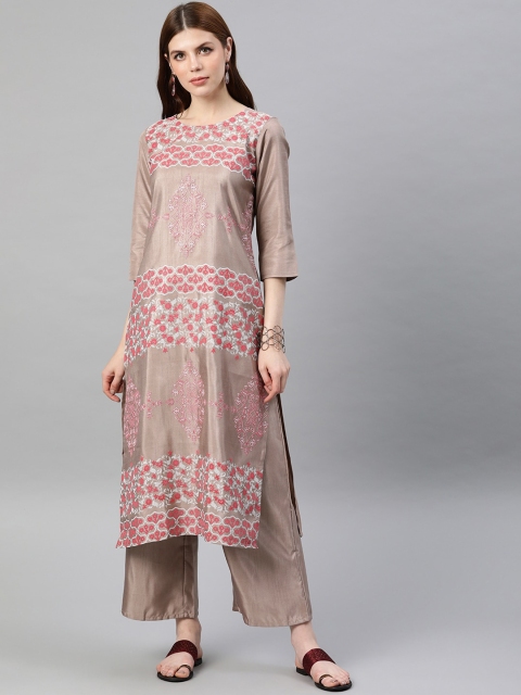

ZIYAA Women Beige Geometric Yoke Design Keyhole Neck Thread Work Kurta