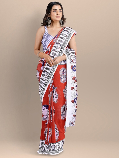 

BharatSthali Red & White Ethnic Motifs Pure Cotton Block Print Saree