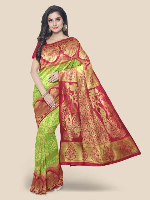 

KLM Fashion Mall Green & Red Floral Zari Silk Blend Kanjeevaram Saree