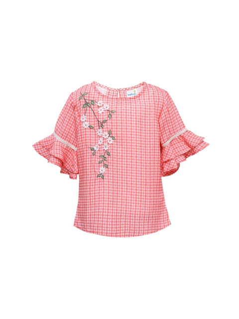 

Daffodils GIRLS WEAR Coral & White Checked Bell Sleeve Georgette Regular Top