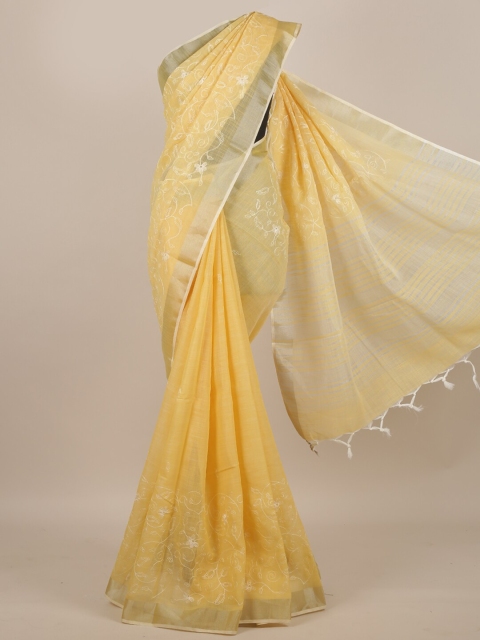 

Pothys Yellow & White Floral Kantha Work Saree