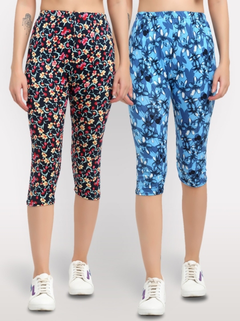 

NEUDIS Women Pack Of 2 Printed Skinny Fit Capris, Black