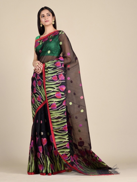 

Mitera Black & Pink Floral Pure Silk Heavy Work Jamdani Saree