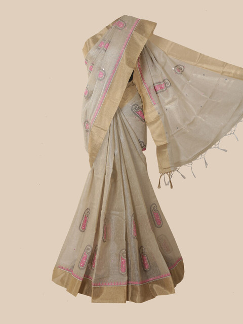 

Pothys Grey & Pink Paisley Zari Tissue Saree