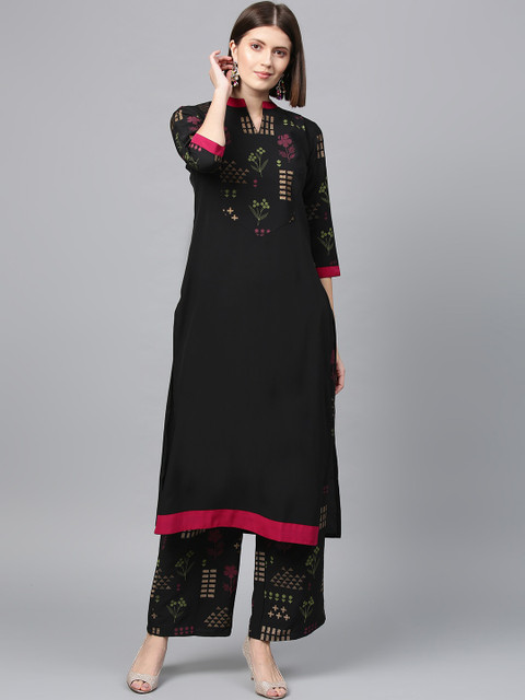 

ZIYAA Women Black Floral Embroidered Thread Work Crepe Kurta