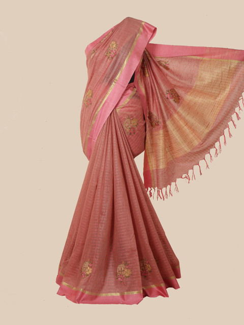

Pothys Pink Floral Zari Cotton Blend Saree