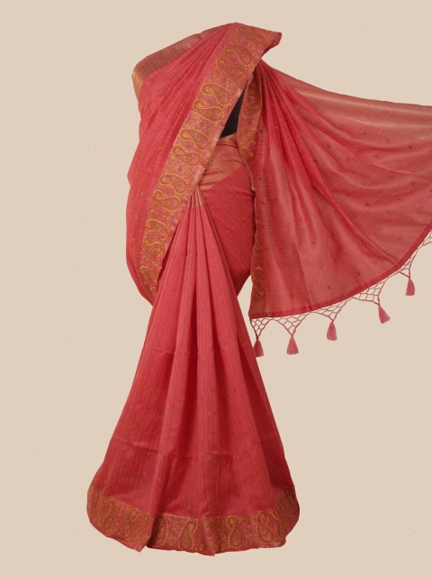 

Pothys Pink & Orange Floral Zari Jute Silk Saree