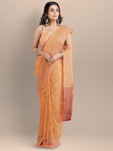

BharatSthali Peach & Pink Woven Design Silk Cotton Banarasi Saree