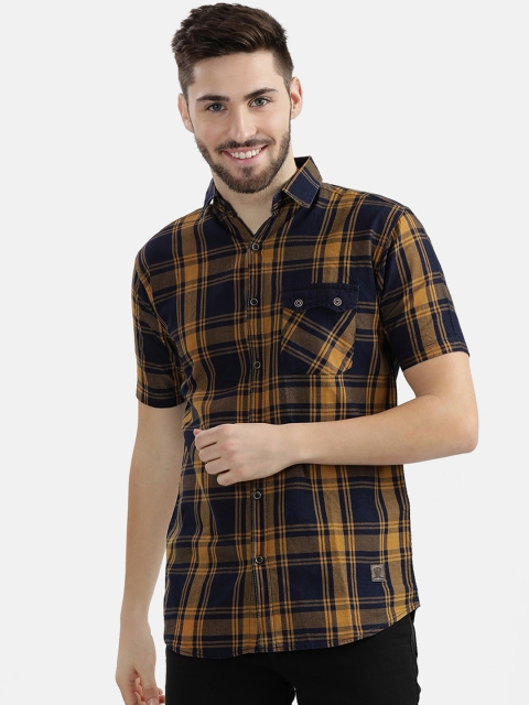 

V2 Value & Variety Men Mustard & Navy blue Slim Fit Checked Casual Shirt