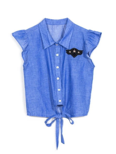 

SCOUP Girls Blue Chambray Shirt Front Knotted Style Top With Applique Star Logo On Chest