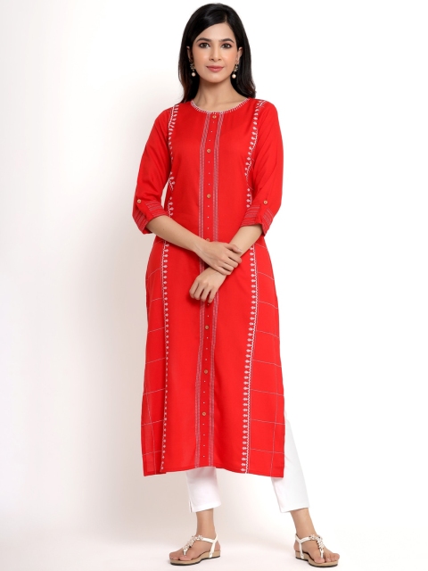 

ANAISA Women Red Printed Thread Work Kurta with Trousers