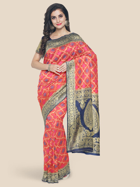 

KLM Fashion Mall Pink & Blue Ethnic Motifs Silk Blend Banarasi Saree