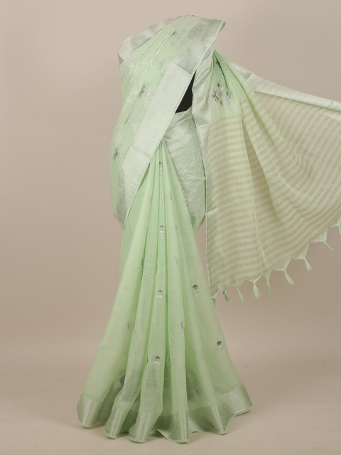 

Pothys Green & Silver-Toned Ethnic Motifs Kantha Work Saree