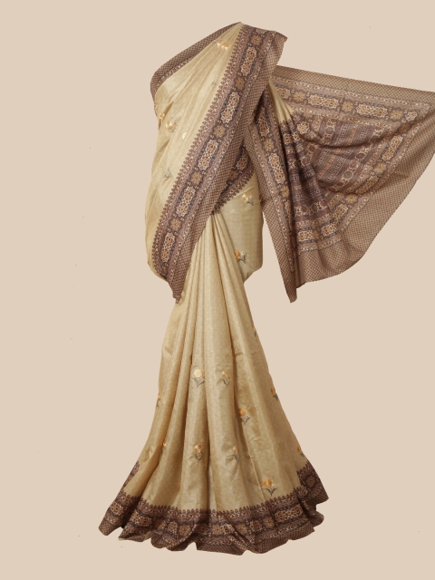 

Pothys Cream & Brown Floral Embroidered Jute Silk Saree