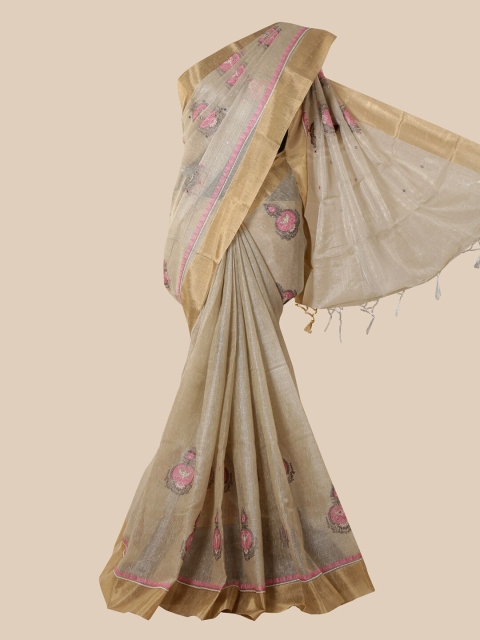 

Pothys Beige & Pink Ethnic Motifs Tissue Saree