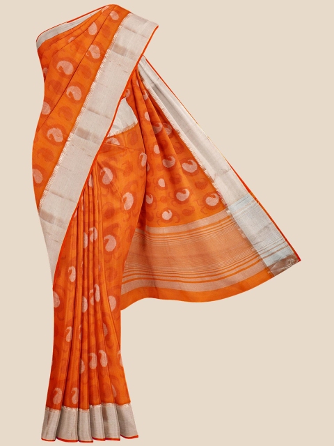 

Kalamandir Orange & Silver-Toned Paisley Zari Silk Blend Saree