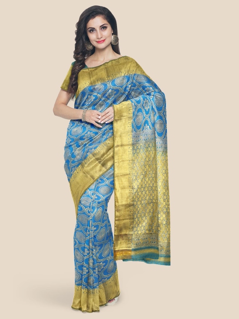 

KLM Fashion Mall Blue & Gold-Toned Ethnic Motifs Zari Silk Blend Kanjeevaram Saree