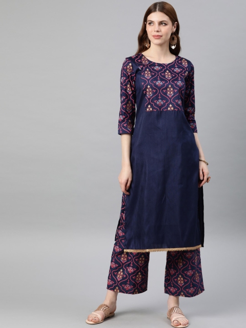 

ZIYAA Women Navy Blue & Orange Ethnic Motifs Yoke Design Kurta