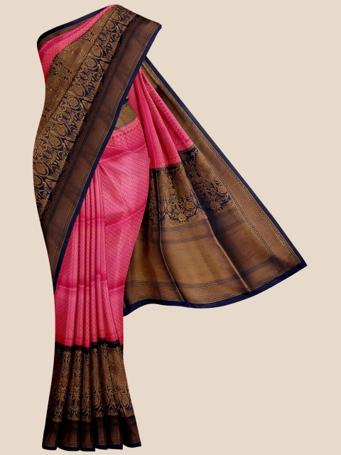 

KLM Fashion Mall Pink & Navy Blue Ethnic Motifs Zari Silk Blend Banarasi Saree