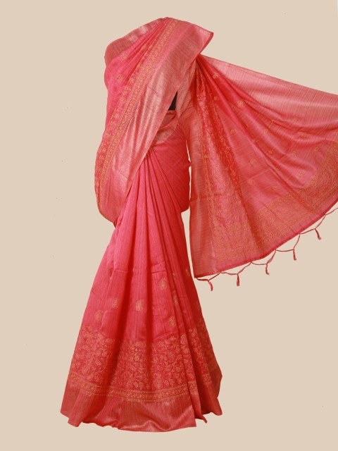 

Pothys Pink & Gold-Toned Floral Jute Silk Saree