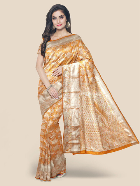 

KLM Fashion Mall Mustard & Silver-Toned Ethnic Motifs Zari Silk Blend Kanjeevaram Saree