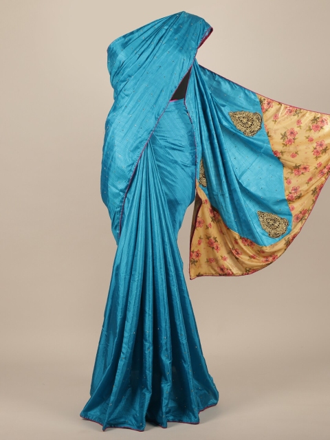 

Pothys Blue & Yellow Embellished Beads and Stones Jute Silk Saree