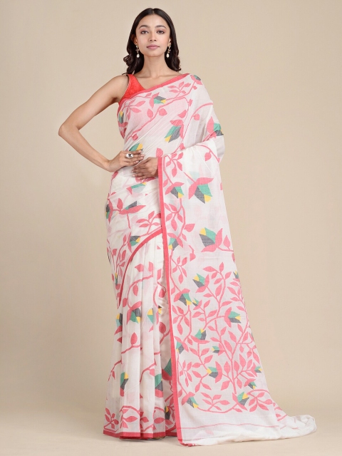 

Mitera White & Pink Floral Pure Cotton Jamdani Saree