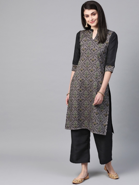 

ZIYAA Women Grey Geometric Printed Keyhole Neck Thread Work Kurta