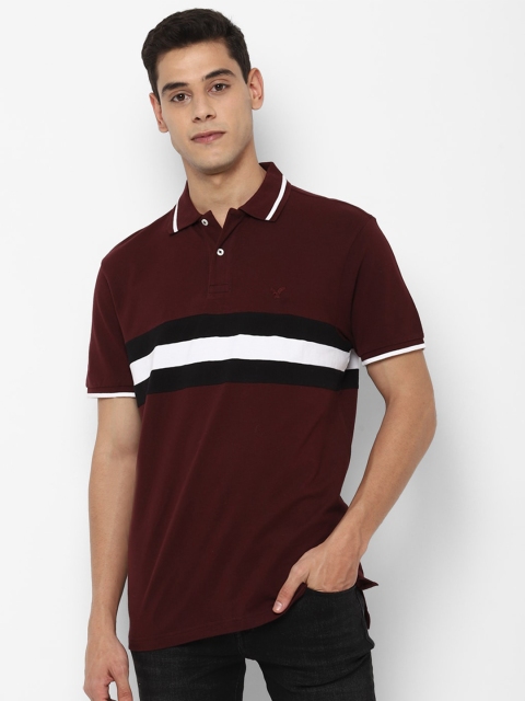 

AMERICAN EAGLE OUTFITTERS Men Maroon & Black Striped Polo Collar T-shirt
