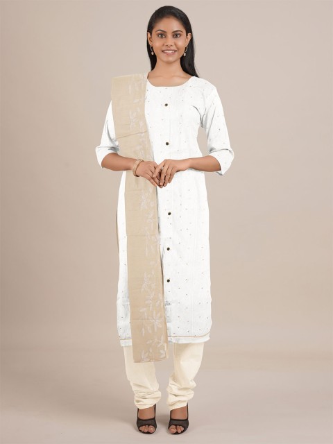 

Pothys White & Beige Unstitched Dress Material