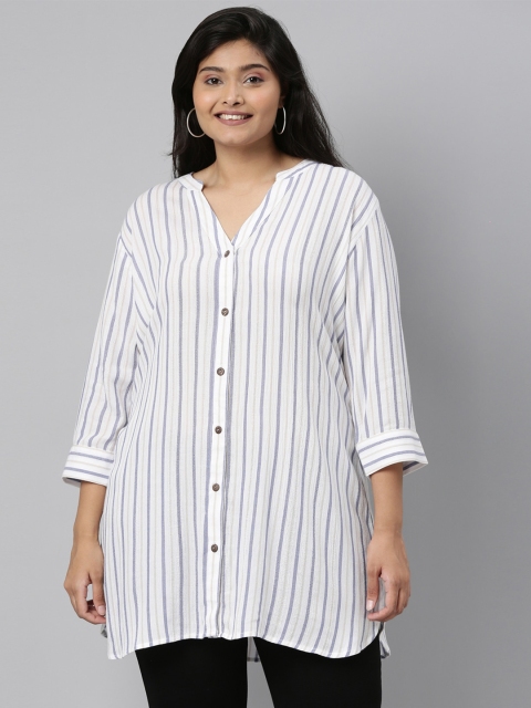 

The Pink Moon White & Blue Mandarin Collar Striped Tunic