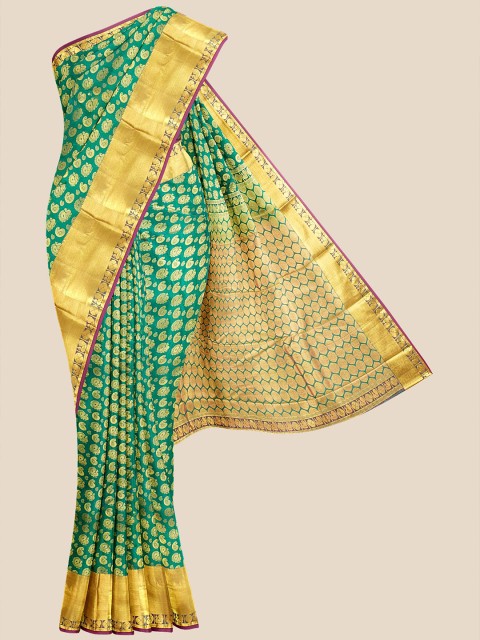 

Kalamandir Green & Gold-Toned Paisley Zari Silk Blend Kanjeevaram Saree