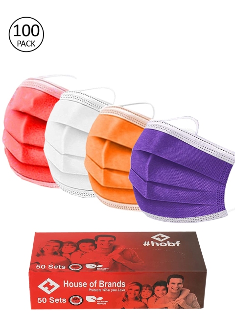 

Swiss Design Pack Of 100 Adults 3ply Mask With Nose-Pin- Purple, Orange, White, Red, Multi