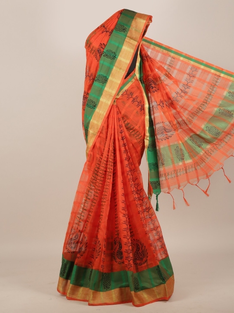 

Pothys Orange & Green Ethnic Motifs Zari Saree