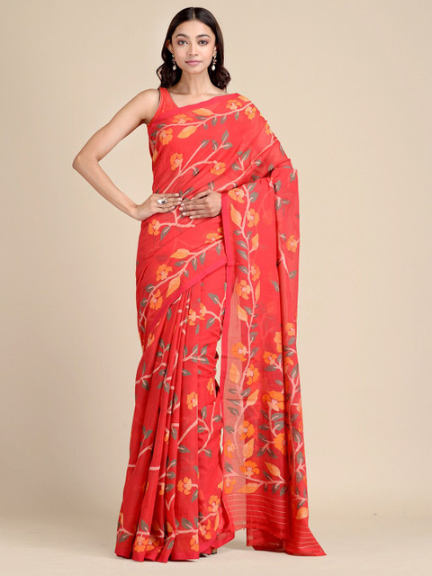 

Mitera Red & Yellow Floral Pure Cotton Jamdani Saree