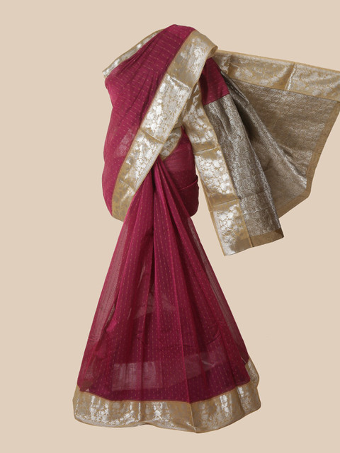 

Pothys Magenta & Silver-Toned Zari Silk Cotton Saree