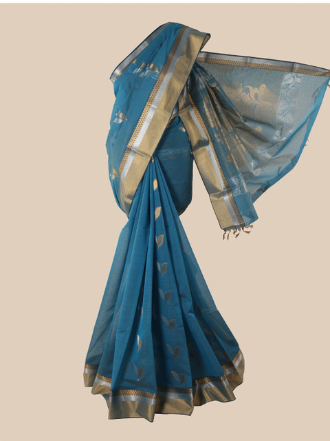 

Pothys Blue & Gold-Toned Floral Zari Silk Cotton Saree
